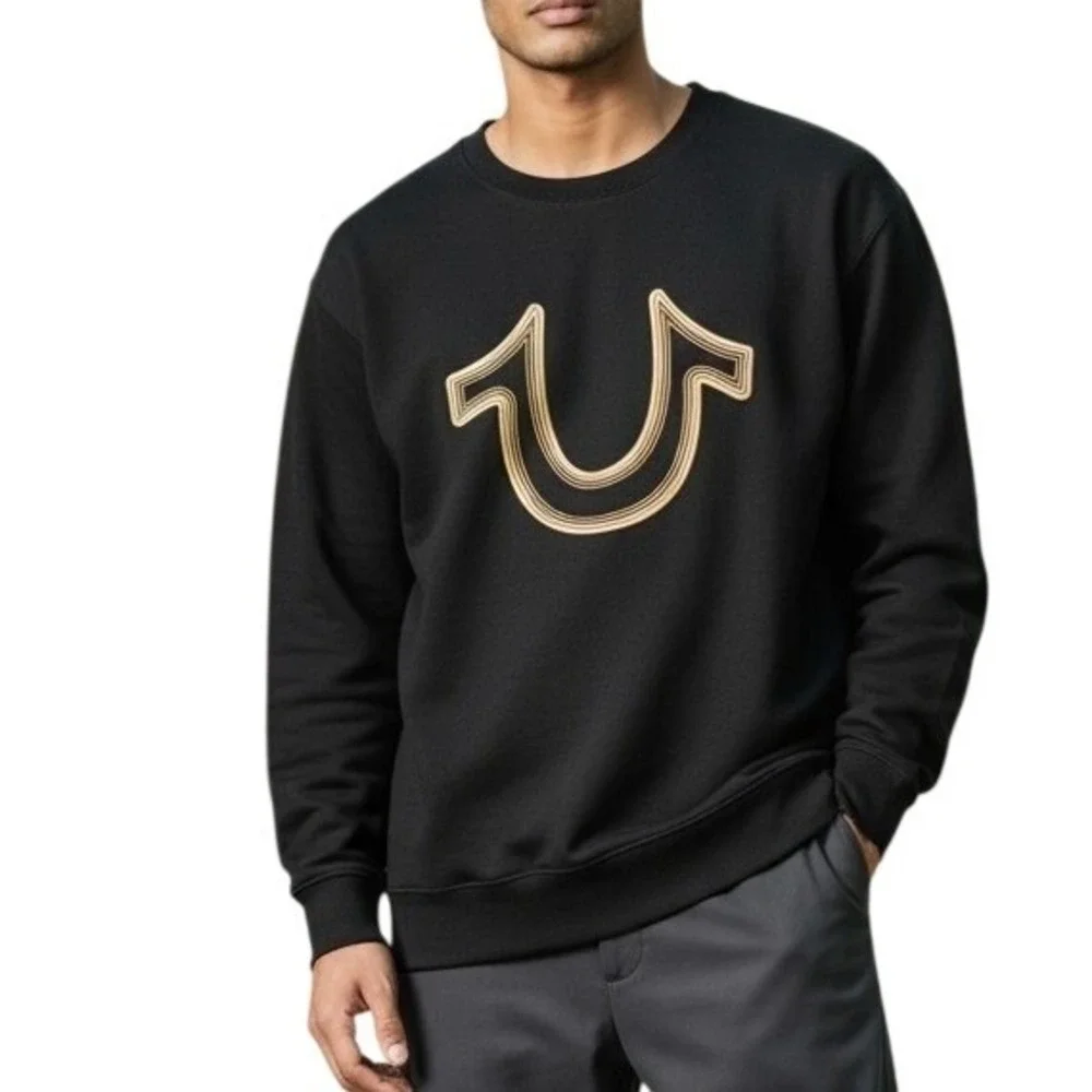True Religion Men's XL Black Gold Horseshoe Pullover Hoodie Sweatshirt Gold Logo